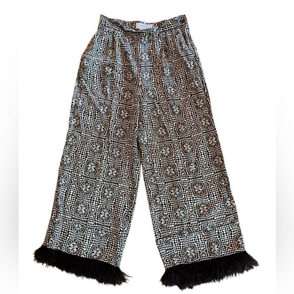 BEATRICE B Italy Women's Wide Leg Ostrich Feather Trim Satin Sheen Pull On Pant - Picture 4 of 9